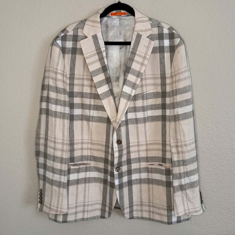 Tallia Orange Linen Beige Plaid Sport Coat Mens 48R Blazer Wedding Guest‎ Notch